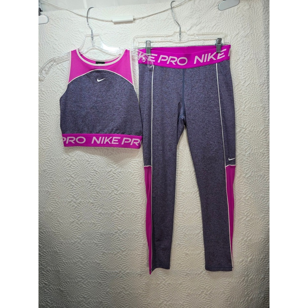 Nike Pro Space Dye Set Women S/M Grey Pink Tank Leggings CJ3646-424 Excellent